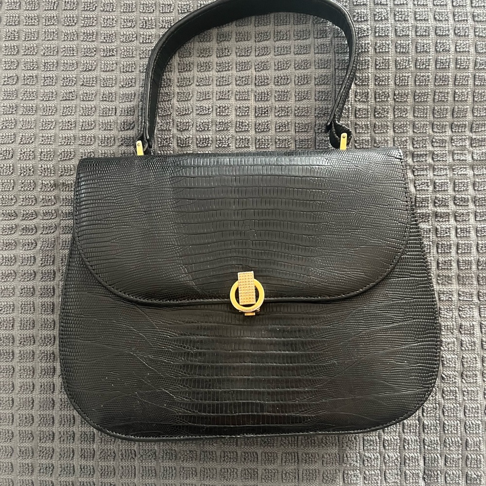 Vintage Black Genuine Lizard Kelly Evening Bag Gold-Tone Hardware